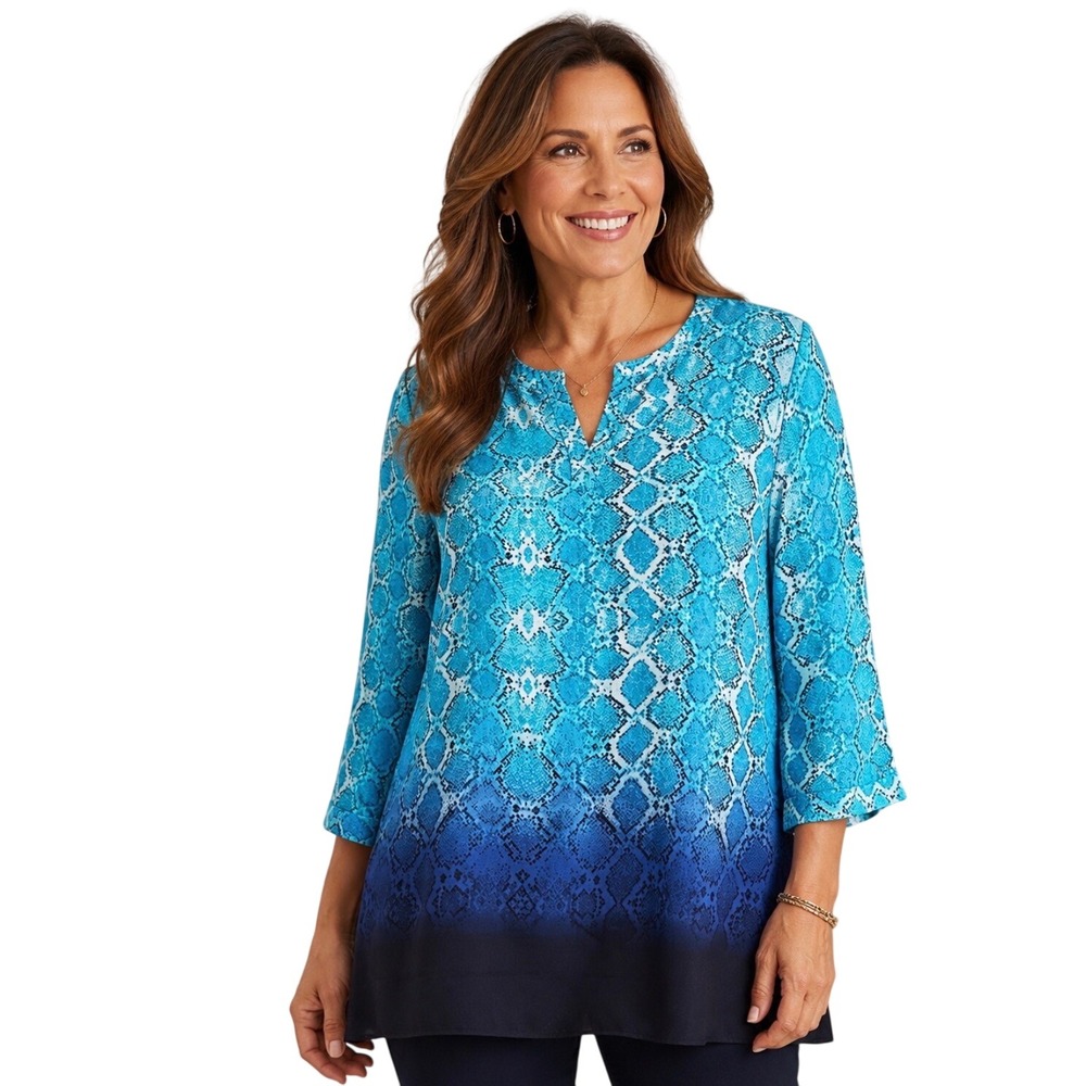 Investments Blouse Womens Large Blue Excellent Snakeskin Ombre 3/4 Sleeve Tunic